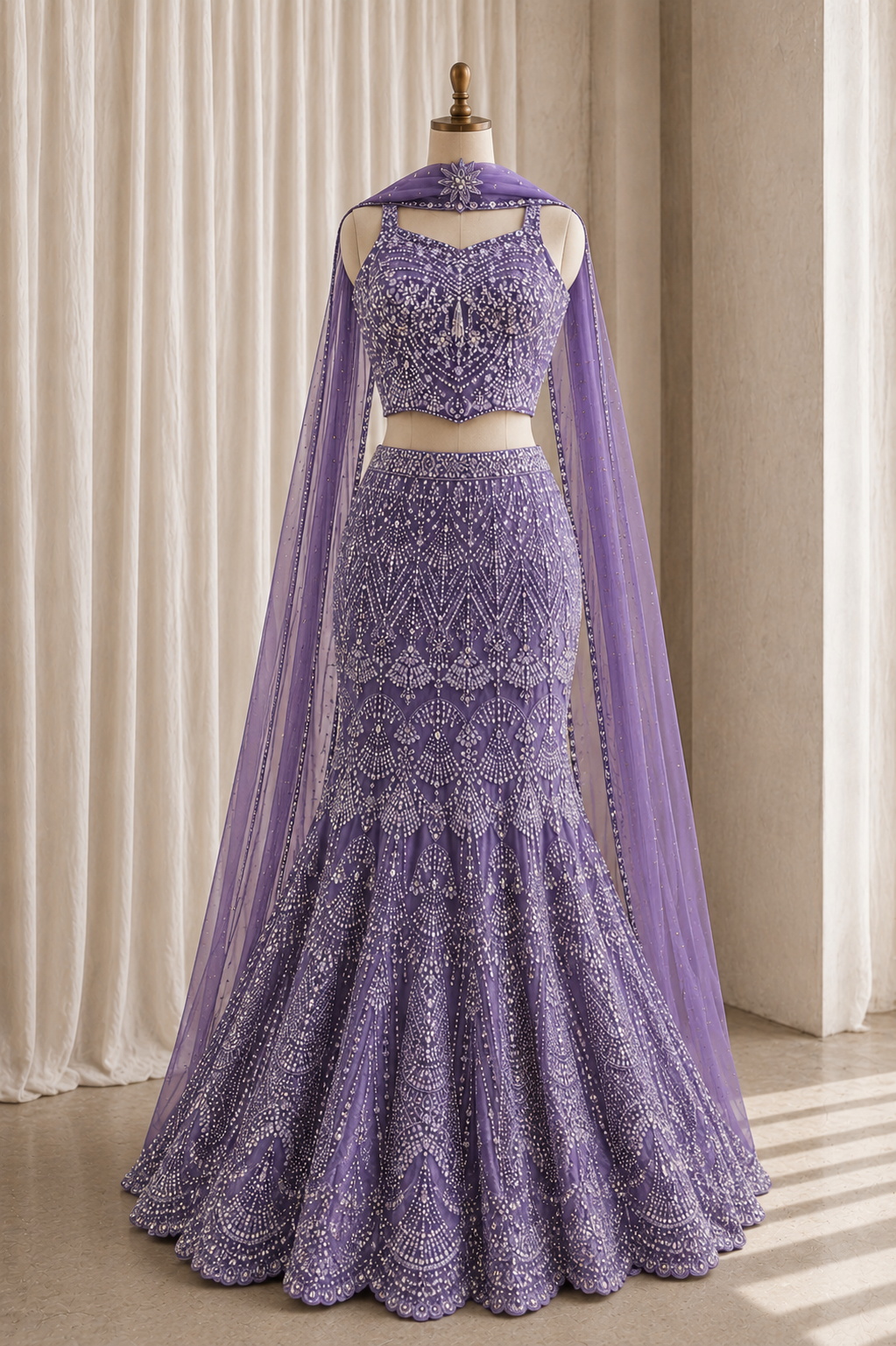 Cute handsome Soft Net Fabric and Lavender Color Sequins Work Fishcut Lehenga Choli