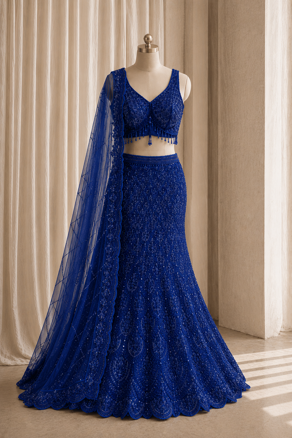 Fascinating Sequins Work and Soft Net Fabric Royal Blue Color Fishcut Lehenga Choli