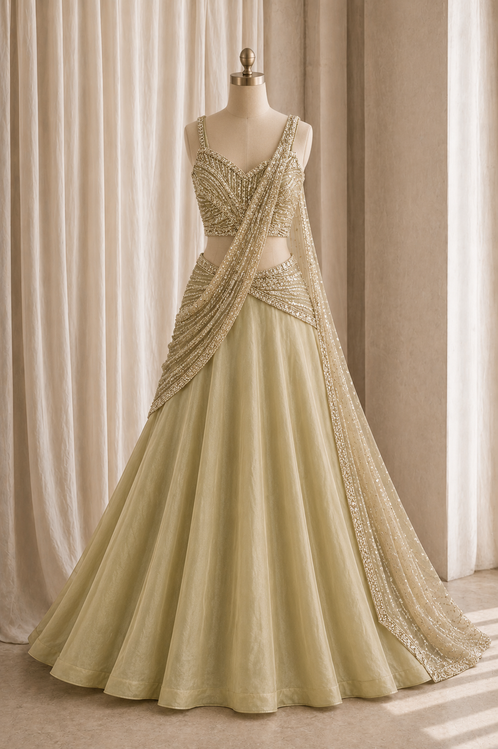 Magnificent Cutdana Work and Organza Fabric Beige Color Lehenga Choli