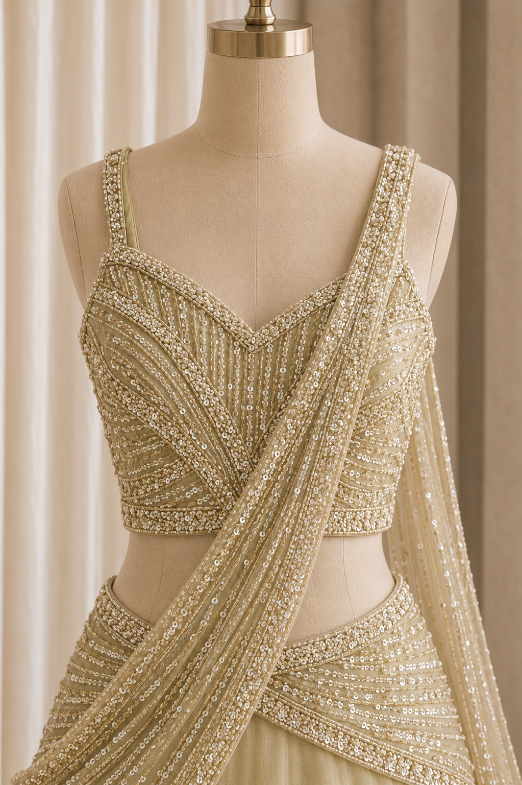 Magnificent Cutdana Work and Organza Fabric Beige Color Lehenga Choli