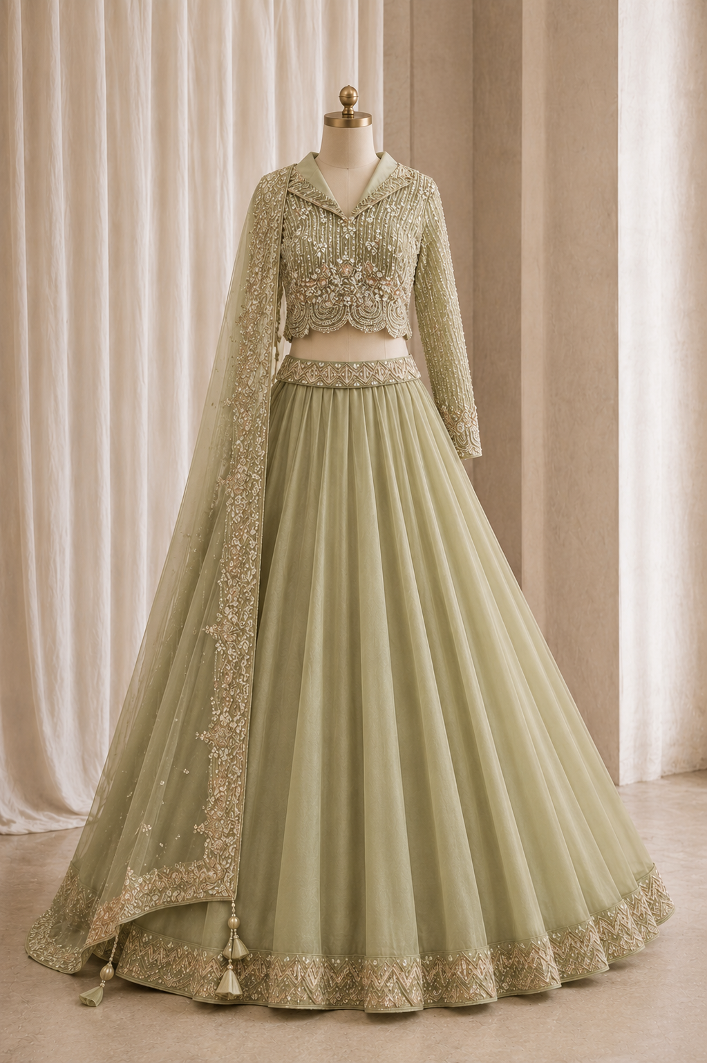 Glorious Diamond Work and Organza Fabric Pastel Green Color Lehenga Choli