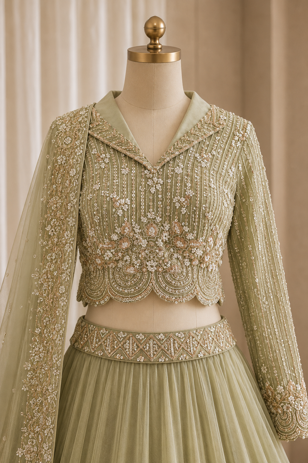Glorious Diamond Work and Organza Fabric Pastel Green Color Lehenga Choli