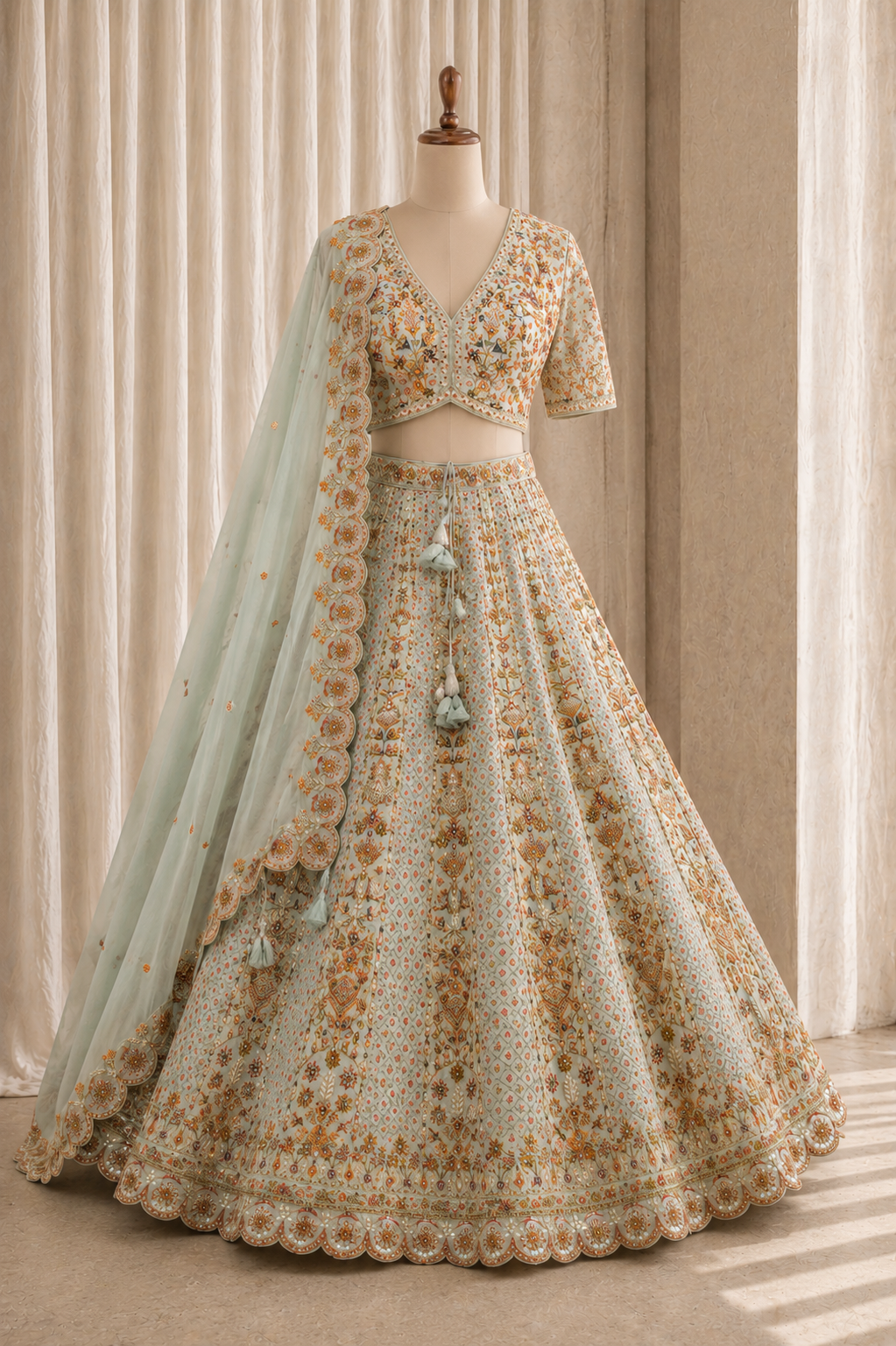 Delightful Resham Work and Raw Silk Fabric Pastel Green Color Lehenga Choli