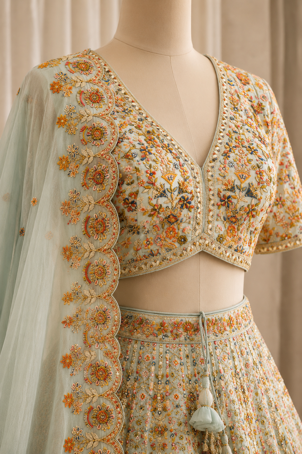 Delightful Resham Work and Raw Silk Fabric Pastel Green Color Lehenga Choli
