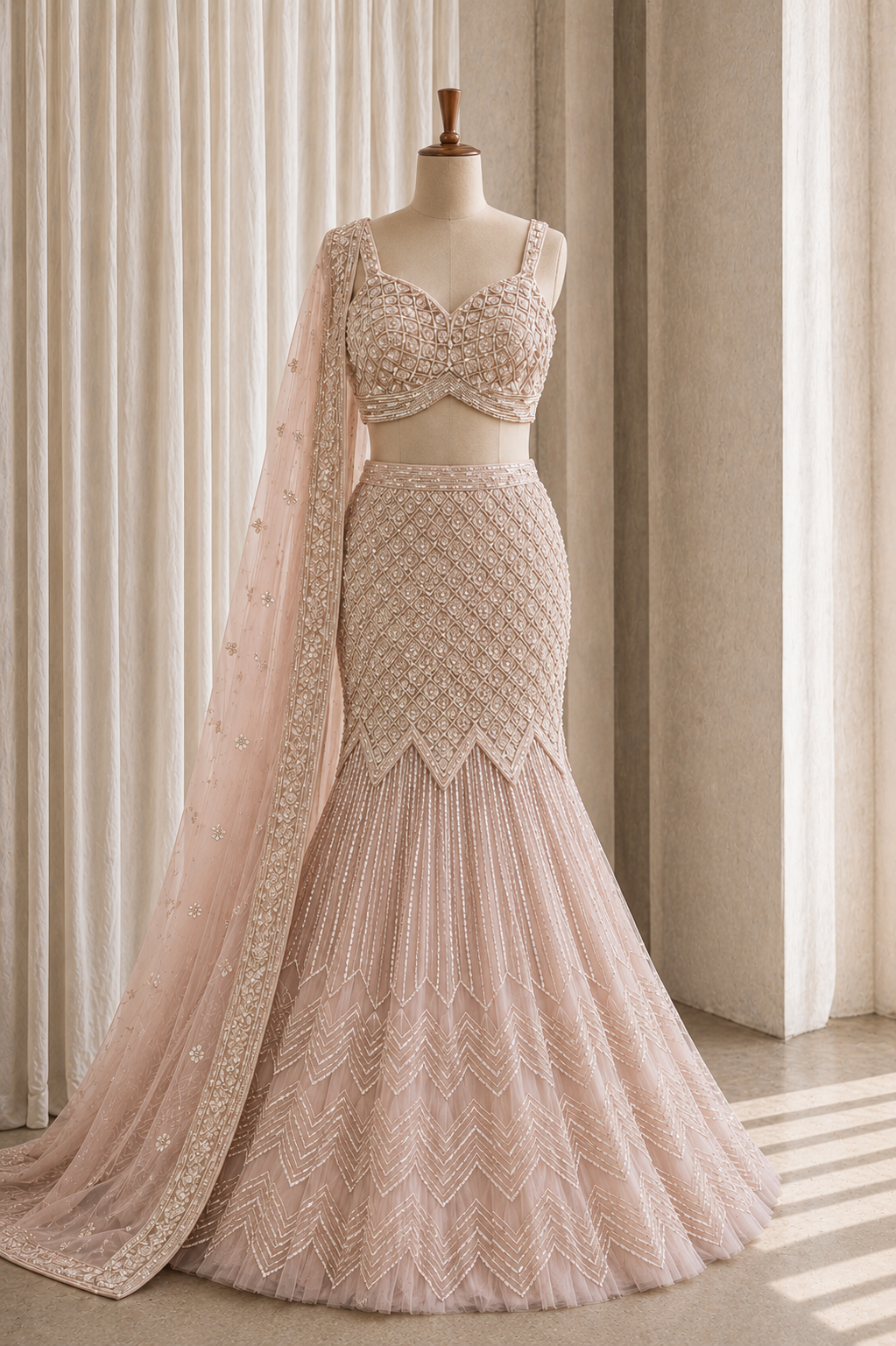 Charming Diamond Work and Soft Net Fabric Pink Color Fishcut Lehenga Choli