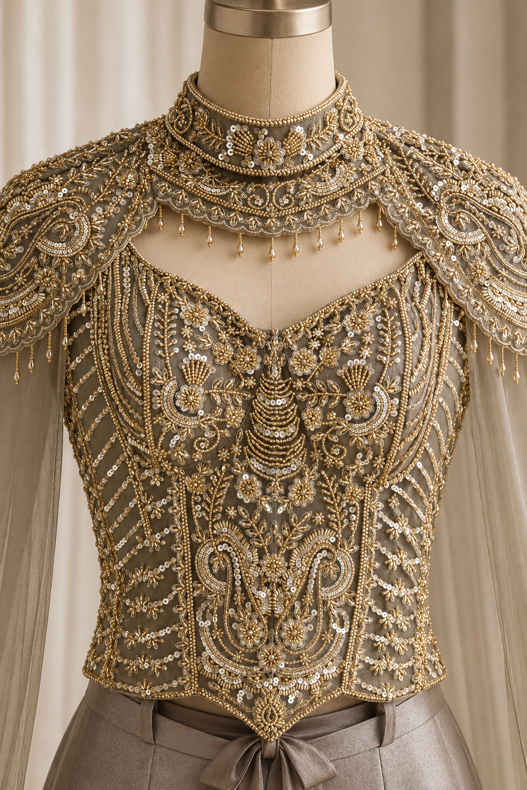 Stunning Cutdana Work and Satin Fabric Cupper Color Fishcut Corset Style Lehenga Choli