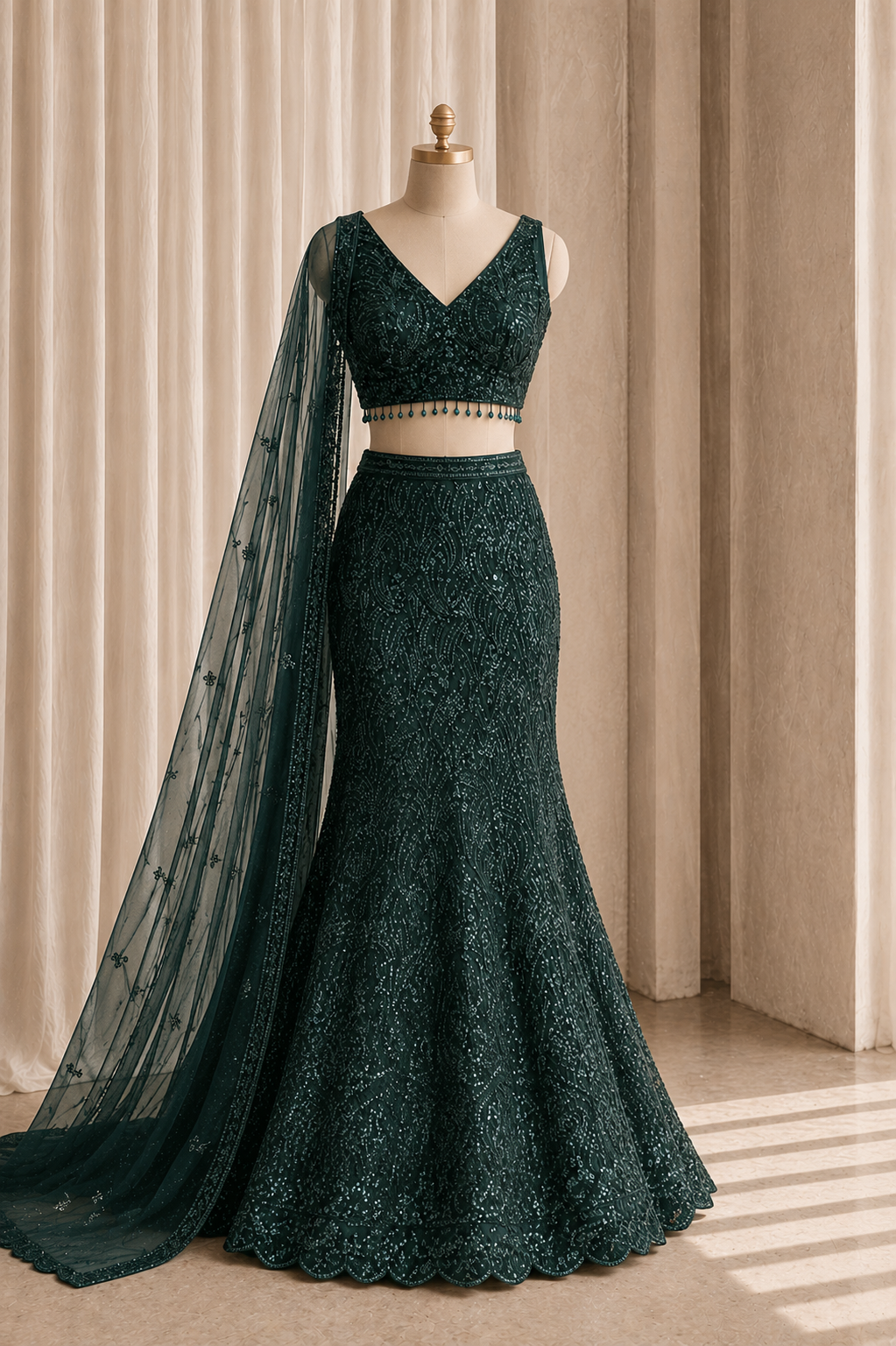 Attractive Sequins Work and Soft Net Fabric Dark Green Color Fishcut Lehenga Choli