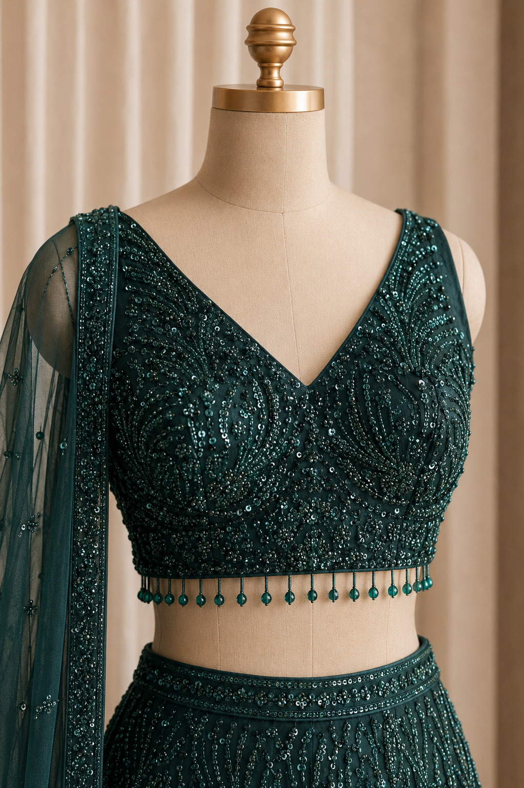 Attractive Sequins Work and Soft Net Fabric Dark Green Color Fishcut Lehenga Choli