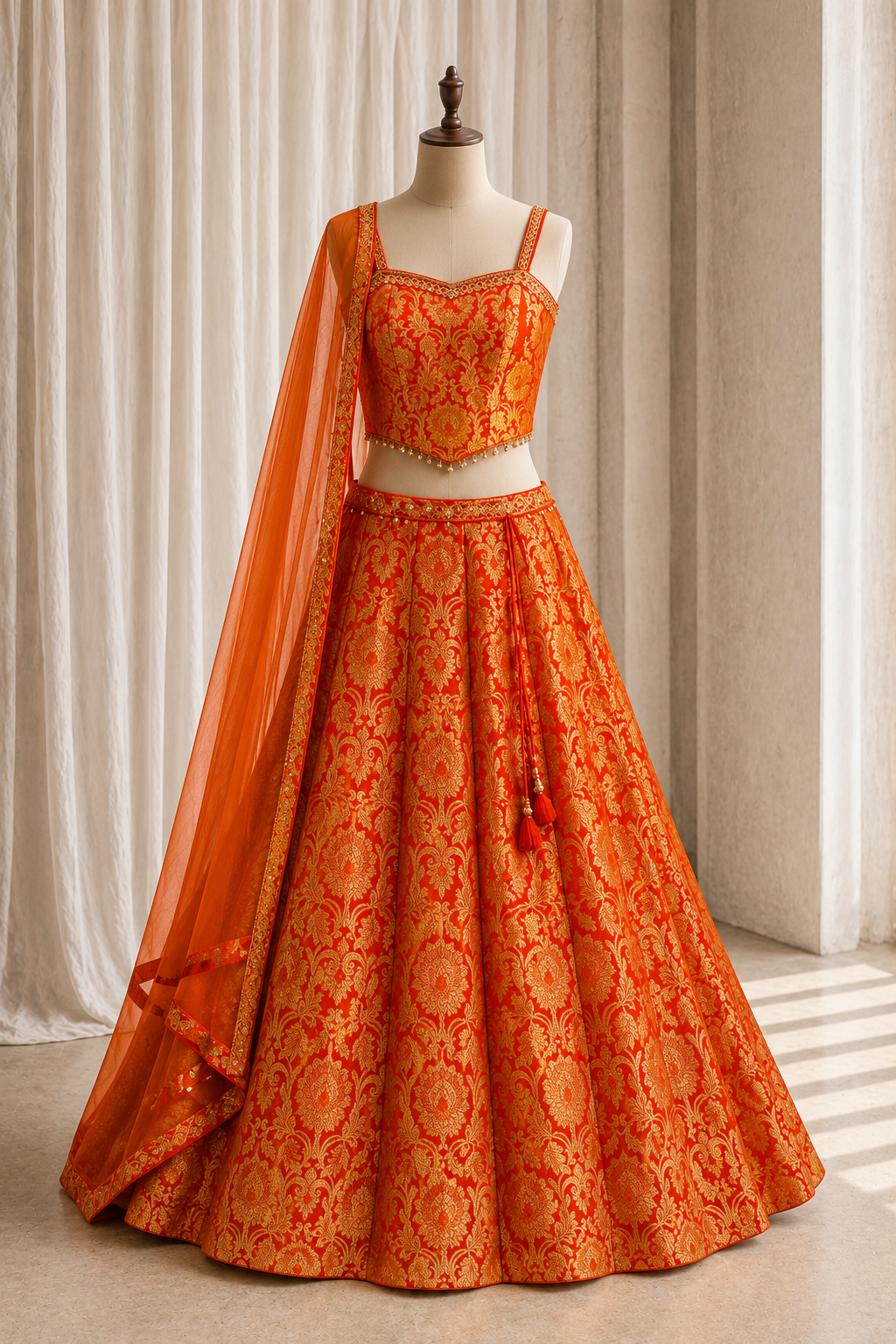 Classica Weaving Print Work and Banarasi Fabric Orange Color Corset Fishcut Style Lehenga Choli