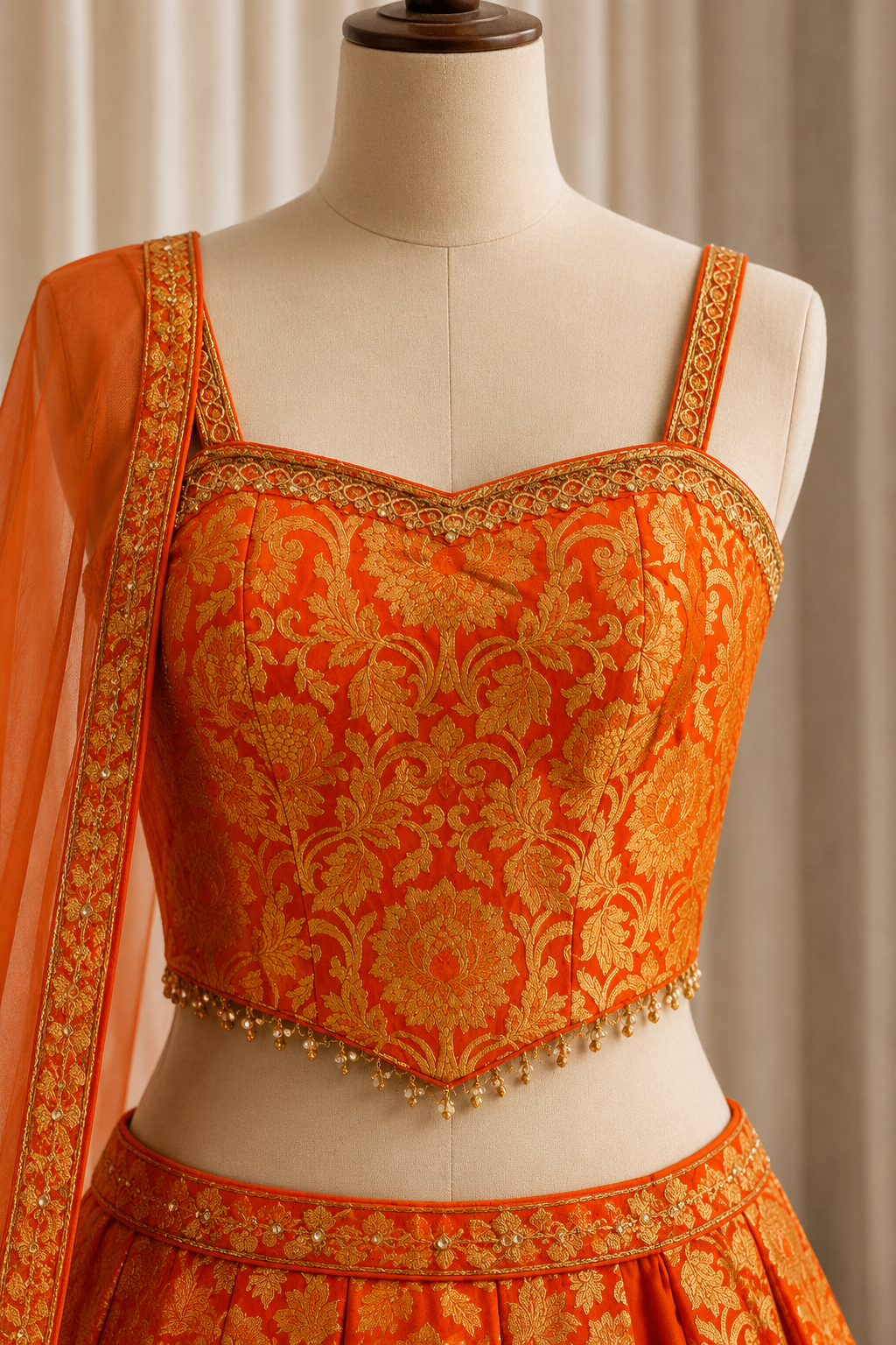 Classica Weaving Print Work and Banarasi Fabric Orange Color Corset Fishcut Style Lehenga Choli