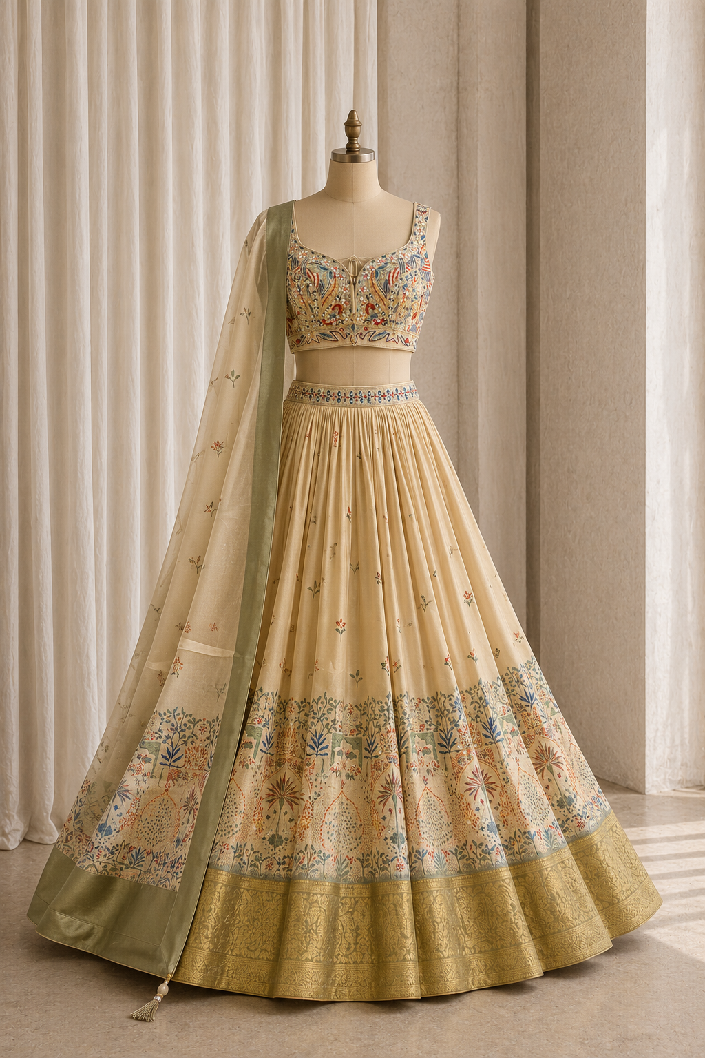 Special Weaving Print Work and Banarasi Fabric Beige Color Lehenga Choli