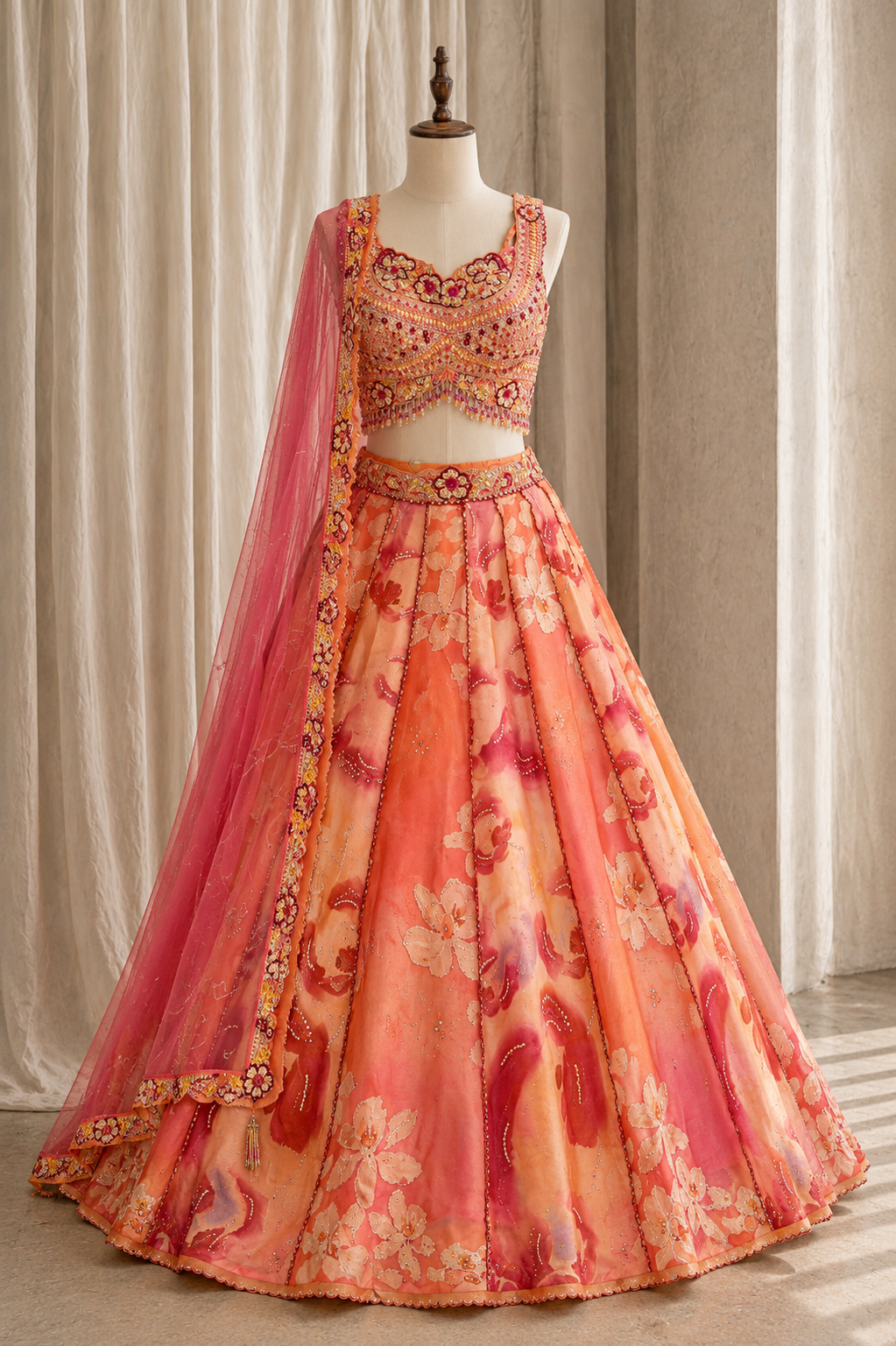Frontline Digital Print Work and Organza Fabric Peach Color Lehenga Choli