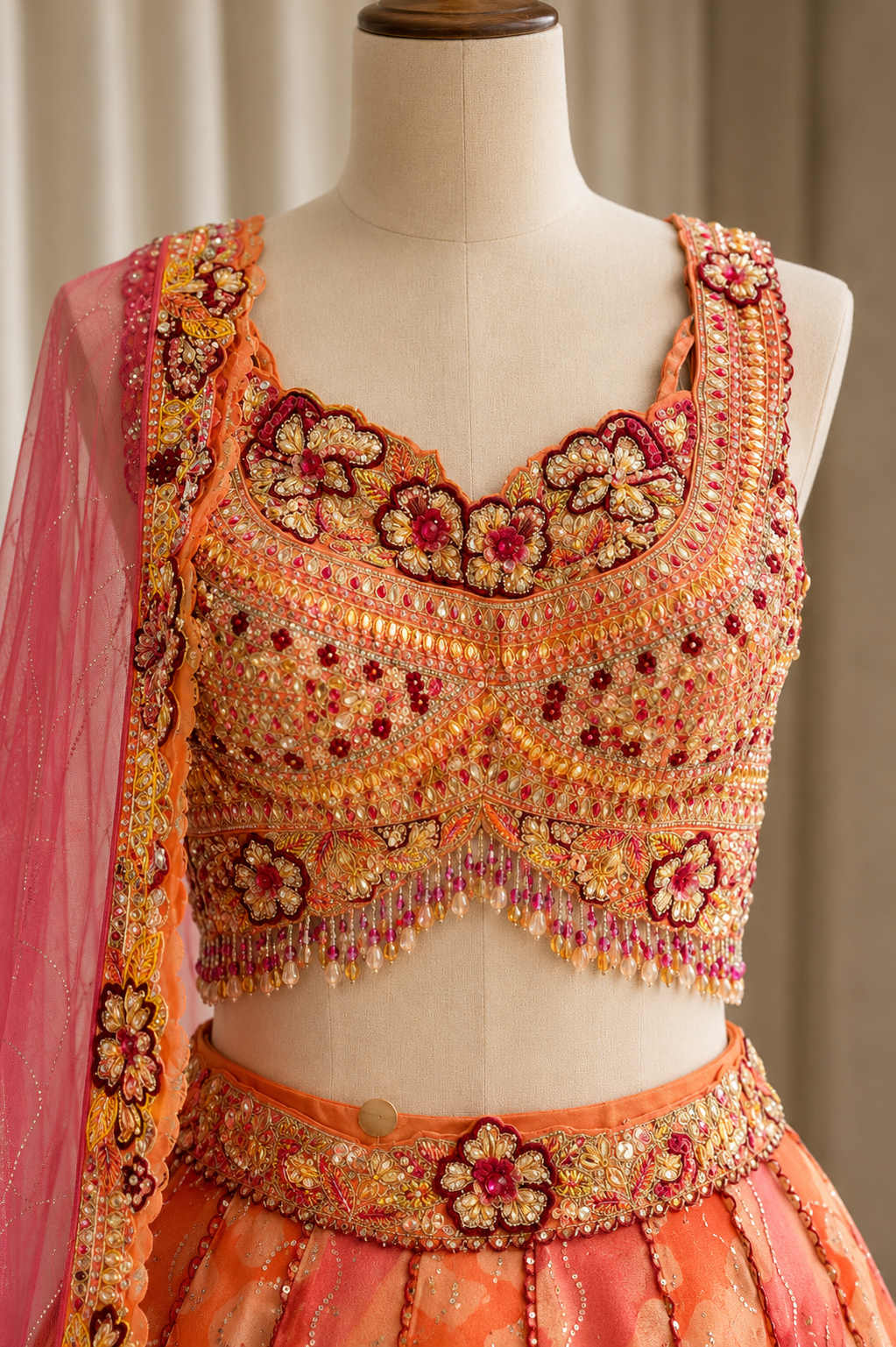 Frontline Digital Print Work and Organza Fabric Peach Color Lehenga Choli