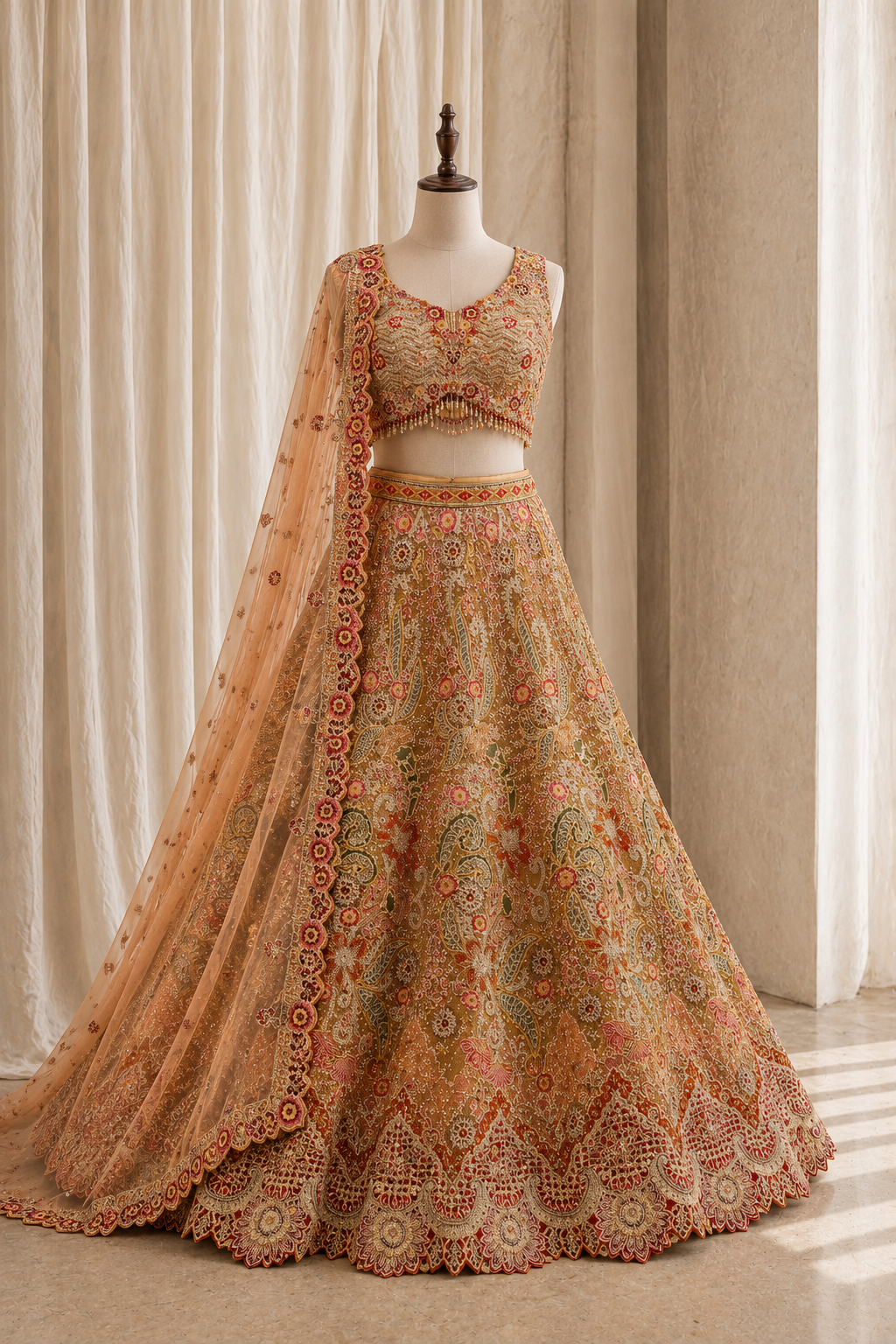 Sterling Kasab Work and Soft Net Fabric Rust Color Lehenga Choli