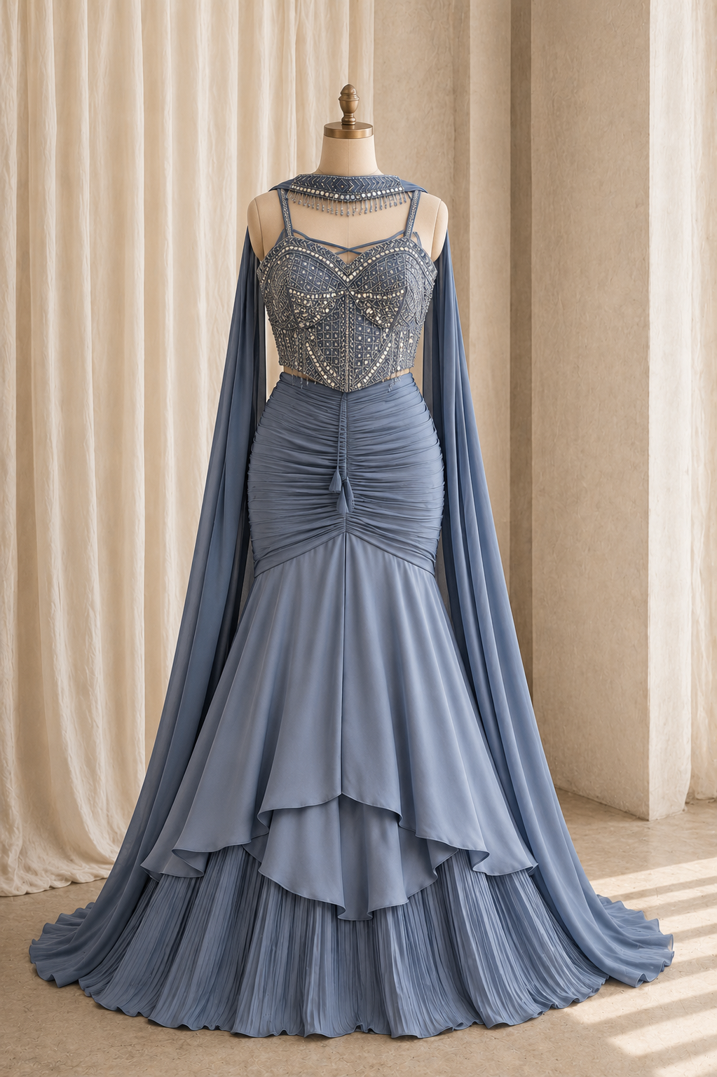 First-rate Mirror Work and Satin Fabric Grey Color Corset Fishcut Style Lehenga Choli