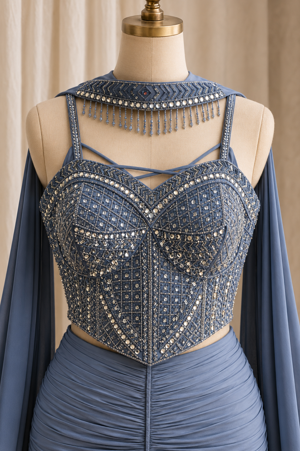 First-rate Mirror Work and Satin Fabric Grey Color Corset Fishcut Style Lehenga Choli