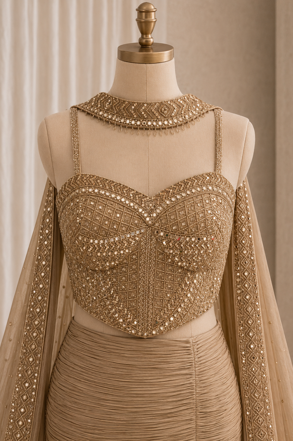 High-class Mirror Work and Georgette Fabric Cupper Color Corset Fishcut Style Lehenga Choli