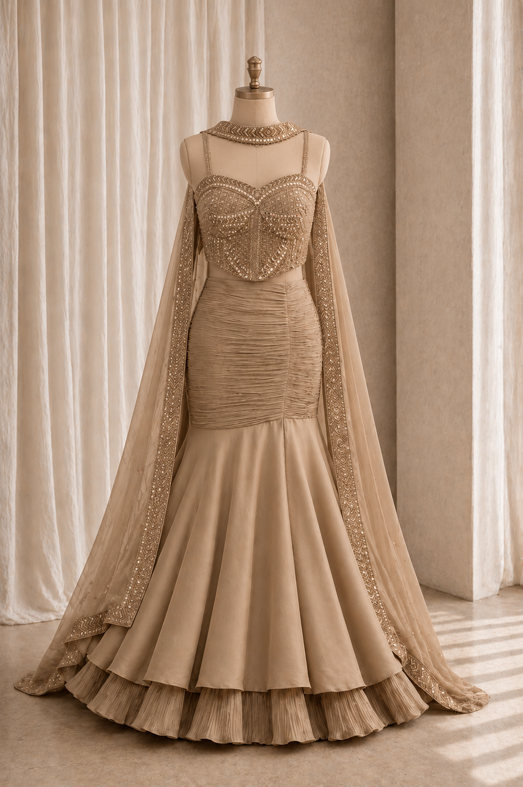 High-class Mirror Work and Georgette Fabric Cupper Color Corset Fishcut Style Lehenga Choli