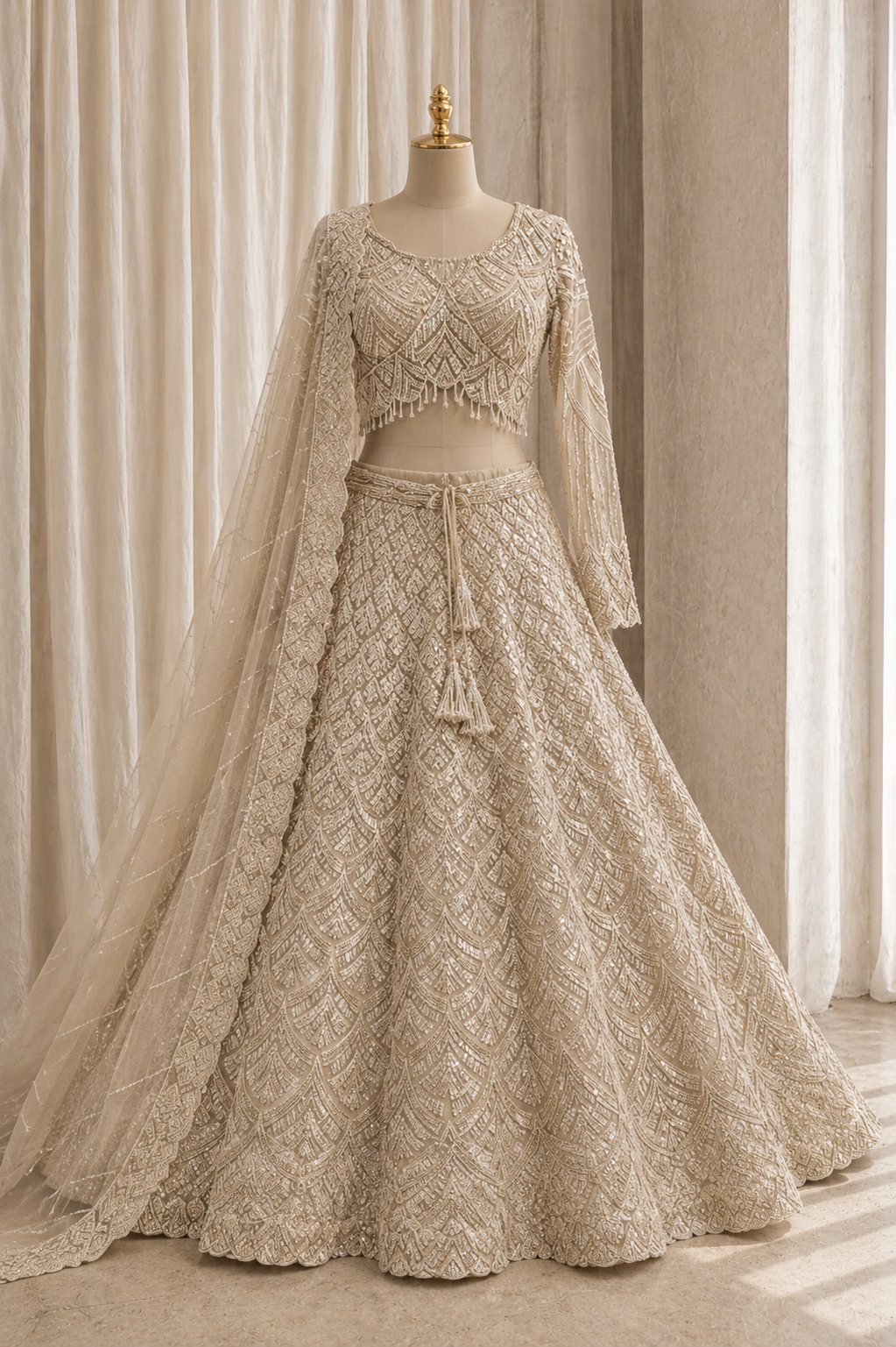 Fabulous Cutdana Work and Soft Net Fabric Beige Color Lehenga Choli
