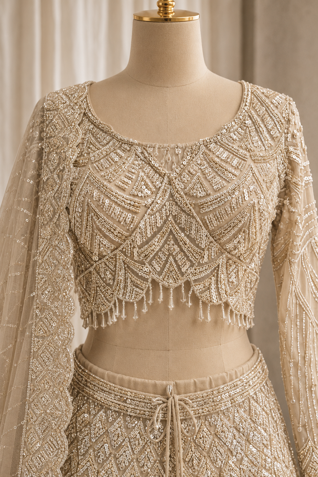 Fabulous Cutdana Work and Soft Net Fabric Beige Color Lehenga Choli