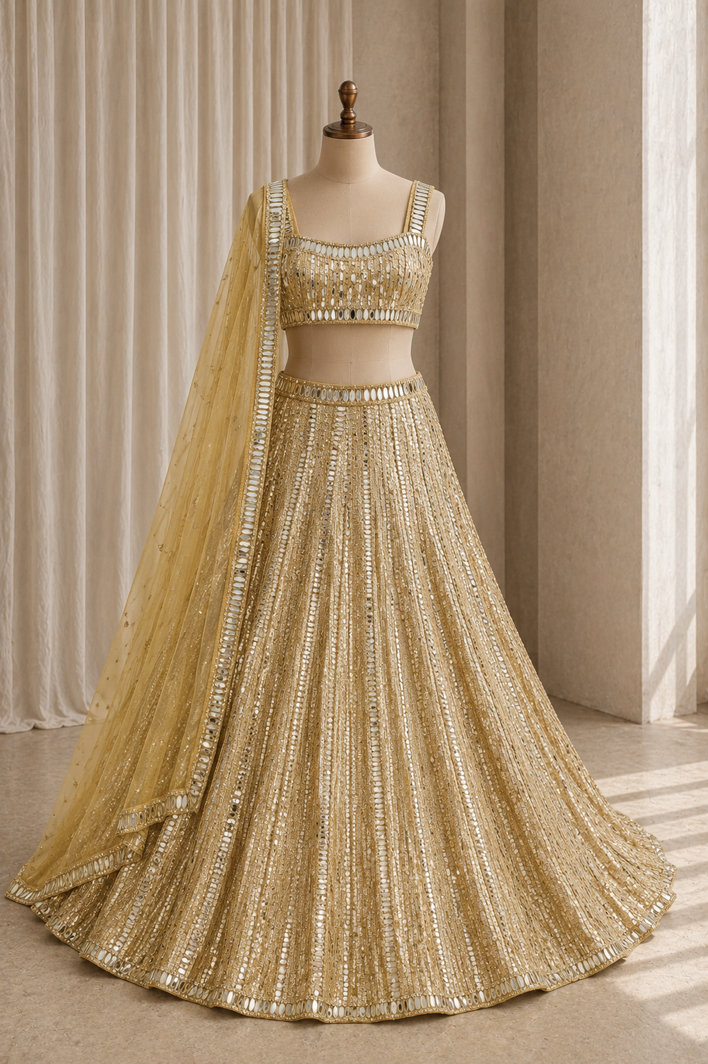 Awesome Mirror Work and Soft Net Fabric Gold Color Lehenga Choli