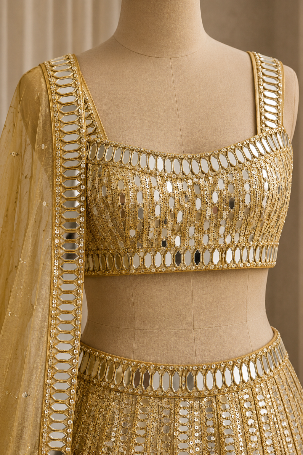 Awesome Mirror Work and Soft Net Fabric Gold Color Lehenga Choli