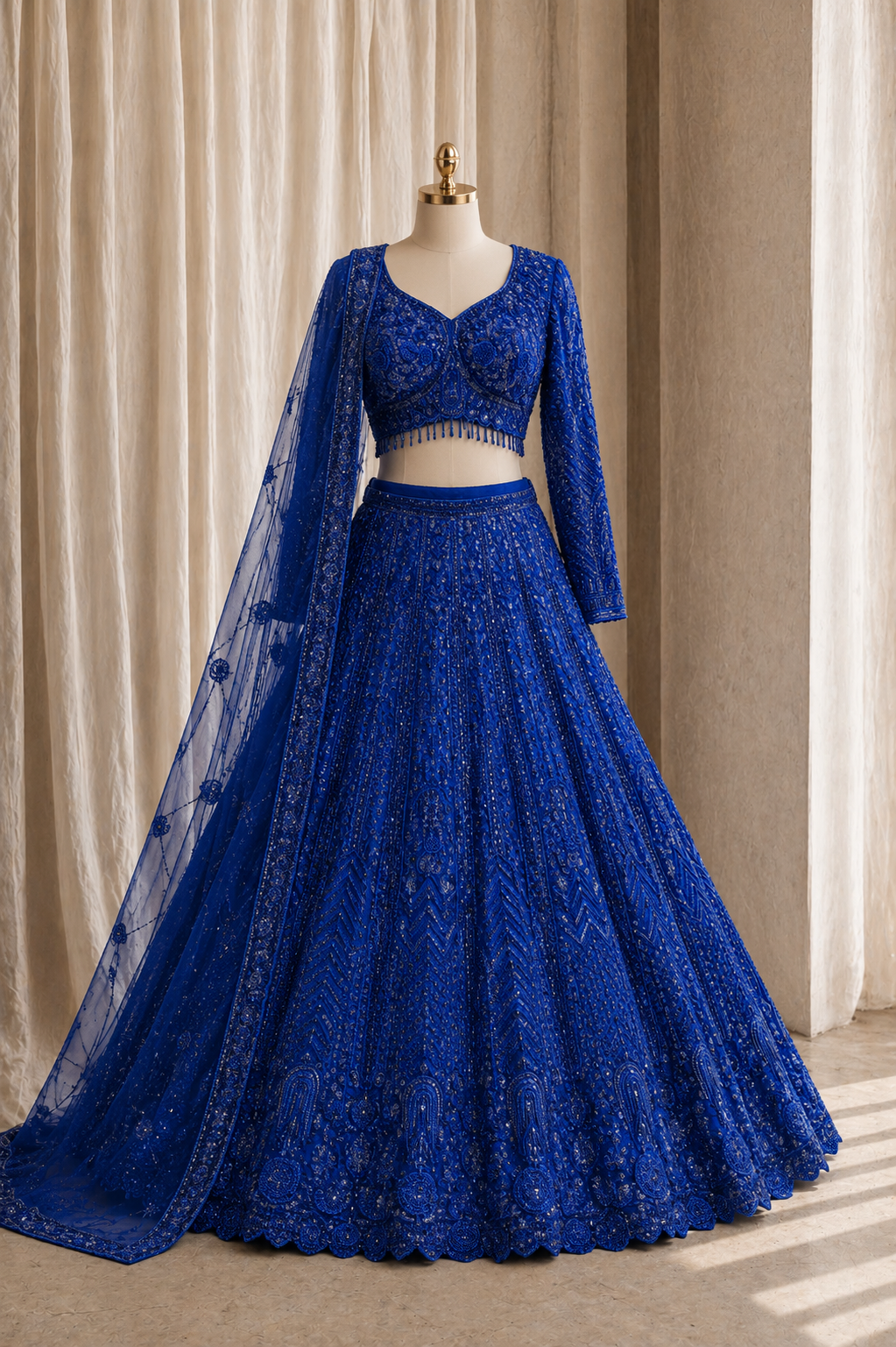 Stunning Sequins Work and Soft Net Fabric Royal Blue Color Lehenga Choli