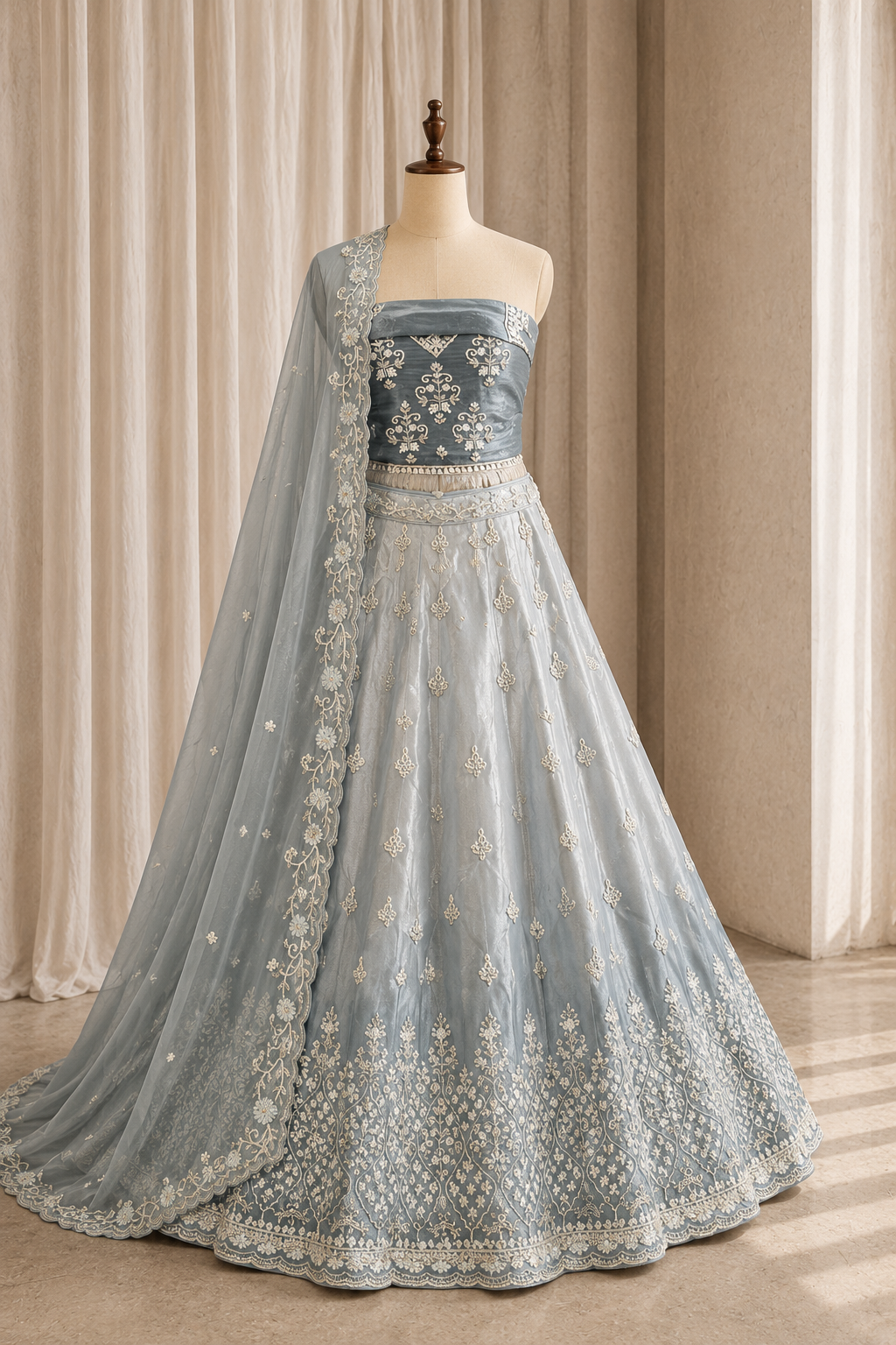 Classic Pearl Work and Organza Fabric Grey Color Lehenga Choli