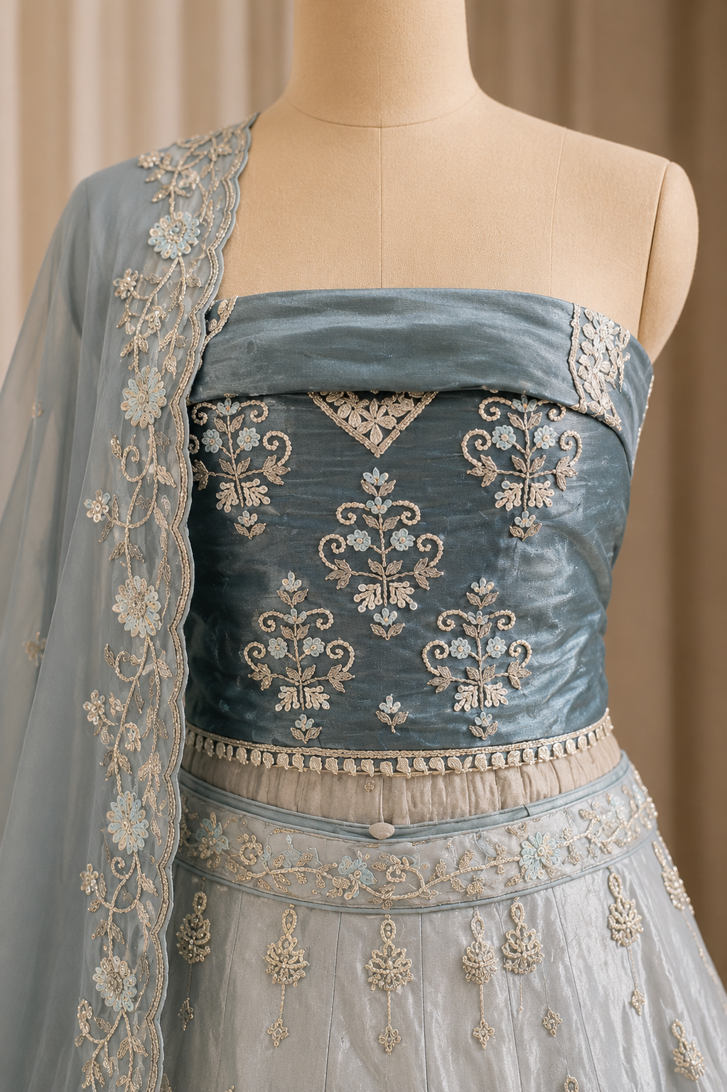 Classic Pearl Work and Organza Fabric Grey Color Lehenga Choli