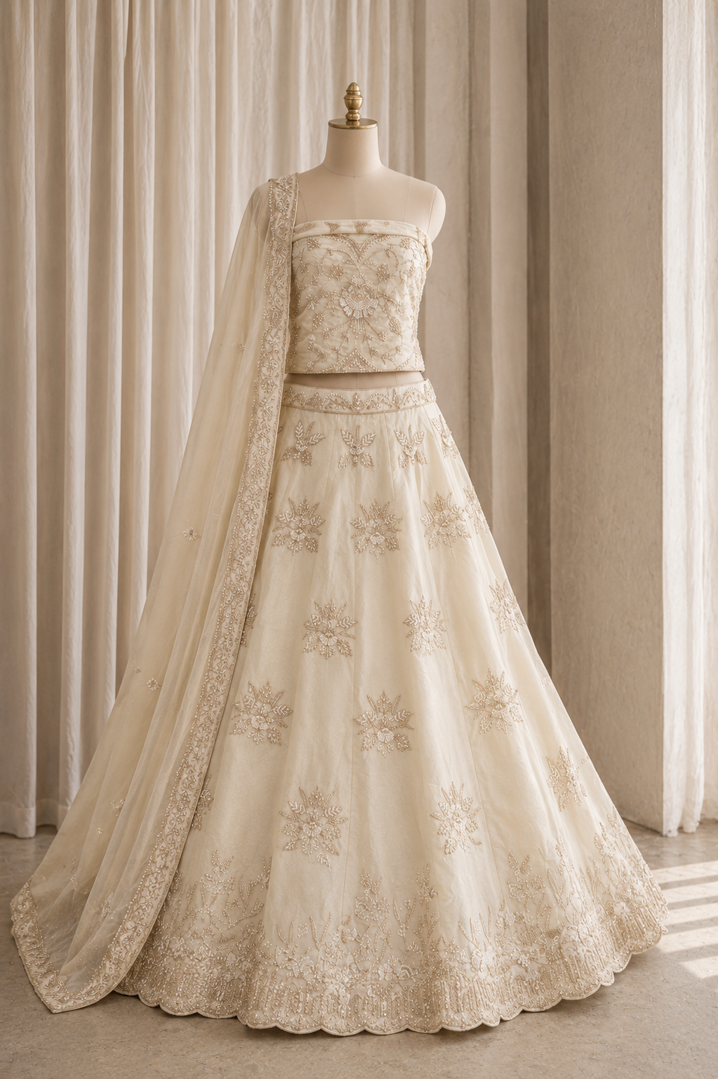 Heavenly Cutdana Work and Shimmer Fabric Beige Color Lehenga Choli