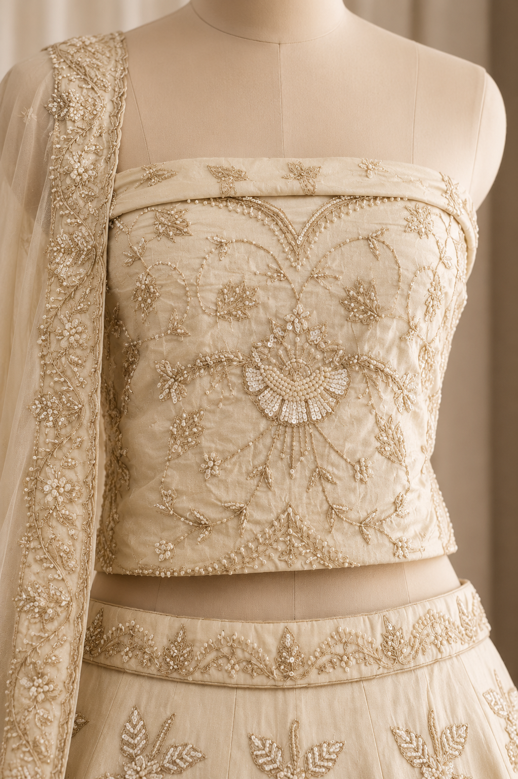 Heavenly Cutdana Work and Shimmer Fabric Beige Color Lehenga Choli