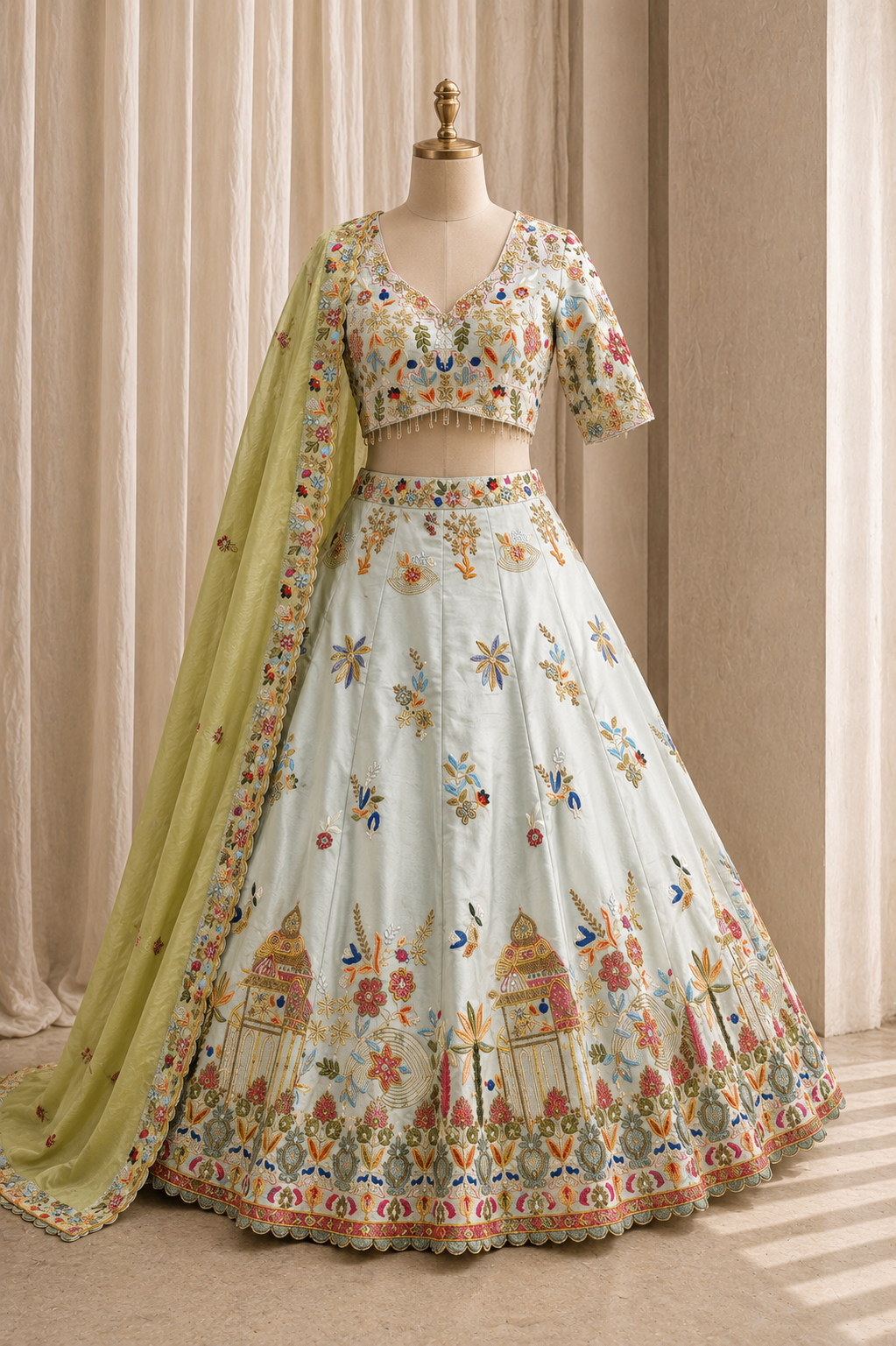 Fantastic Moti Work and Raw Silk Fabric Pastel Green Color Lehenga Choli