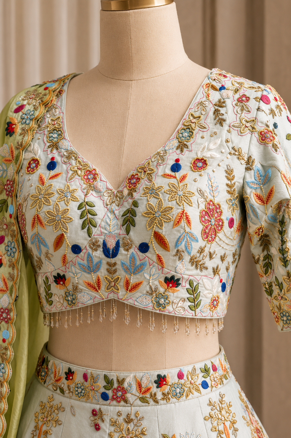 Fantastic Moti Work and Raw Silk Fabric Pastel Green Color Lehenga Choli