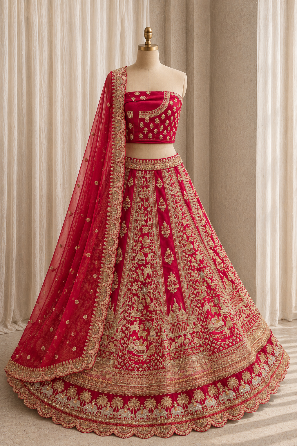 Great Thread Work and Dupion Silk Fabric Red Color Lehenga Choli