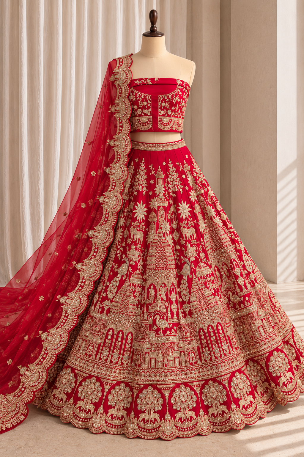 Glamorous Thread Work and Dupion Silk Fabric Red Color Lehenga Choli