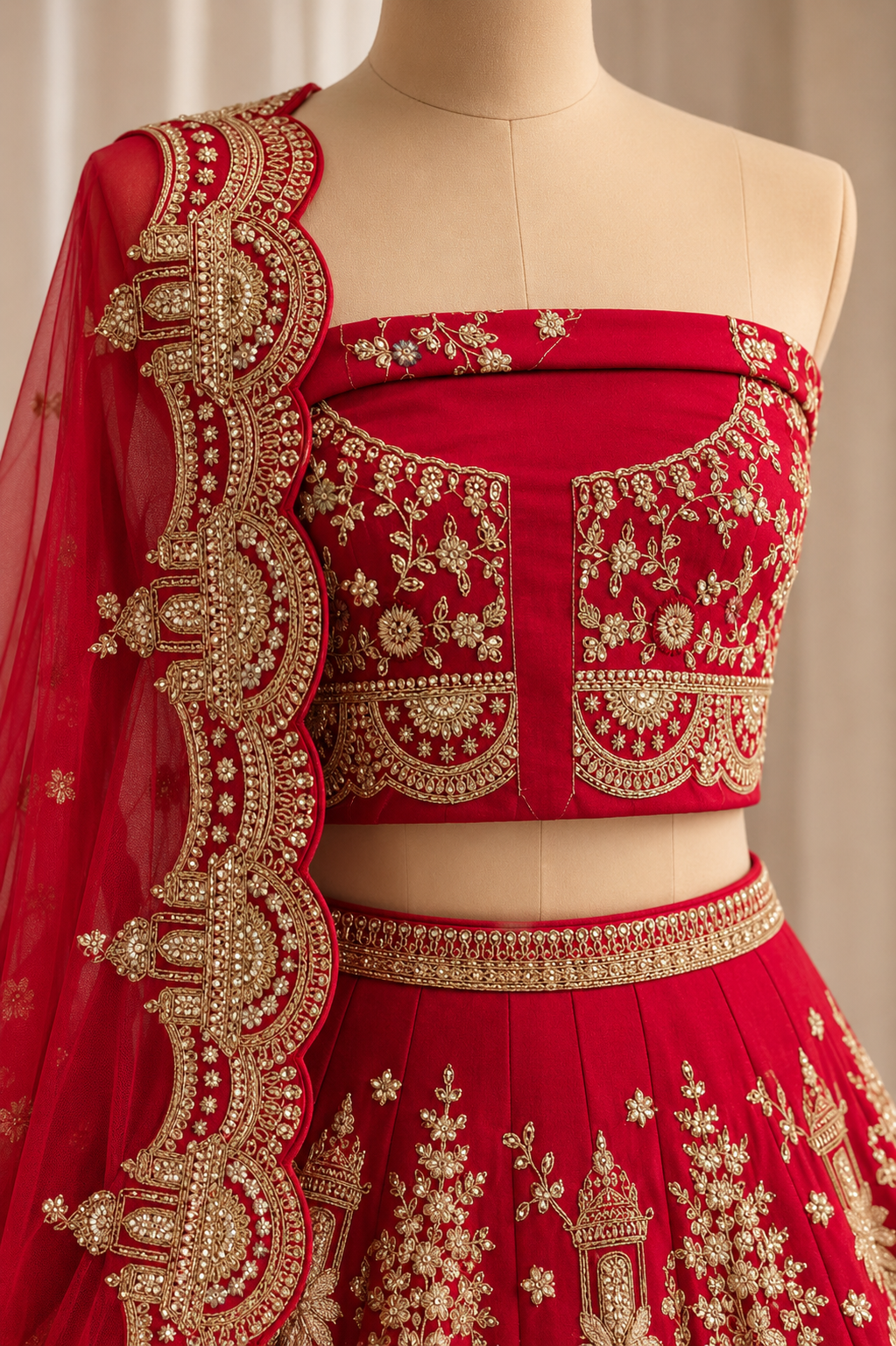 Glamorous Thread Work and Dupion Silk Fabric Red Color Lehenga Choli