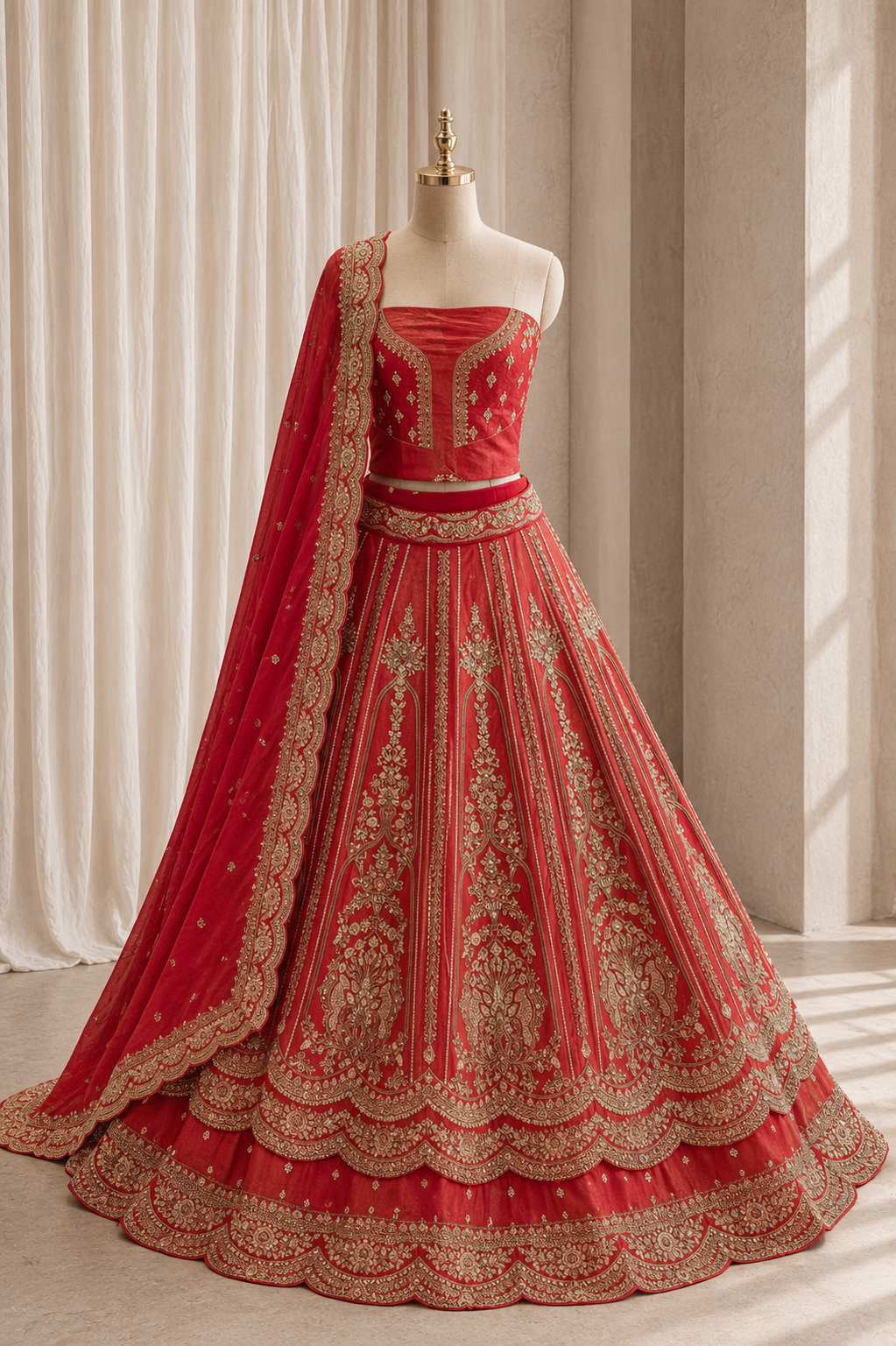 Magnificent Zari Work and Shimmer Silk Fabric Rust Color Lehenga Choli