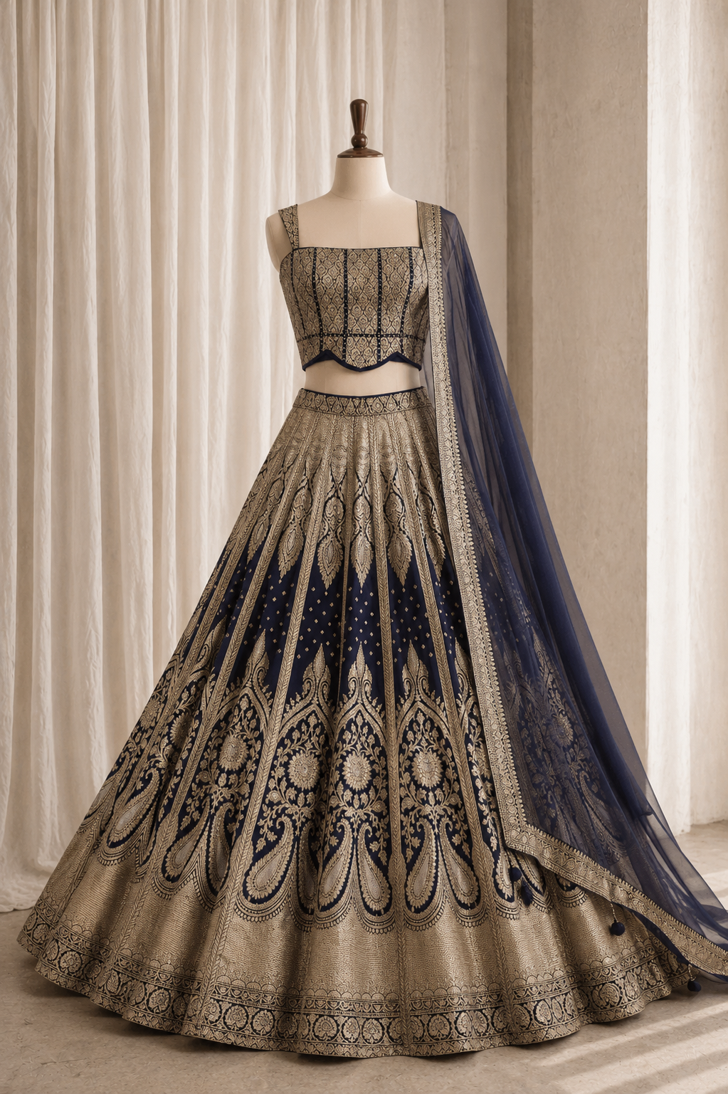 Attractive Weaving Work and Banarasi Silk Fabric Navy Blue Color Corset Style Lehenga Choli