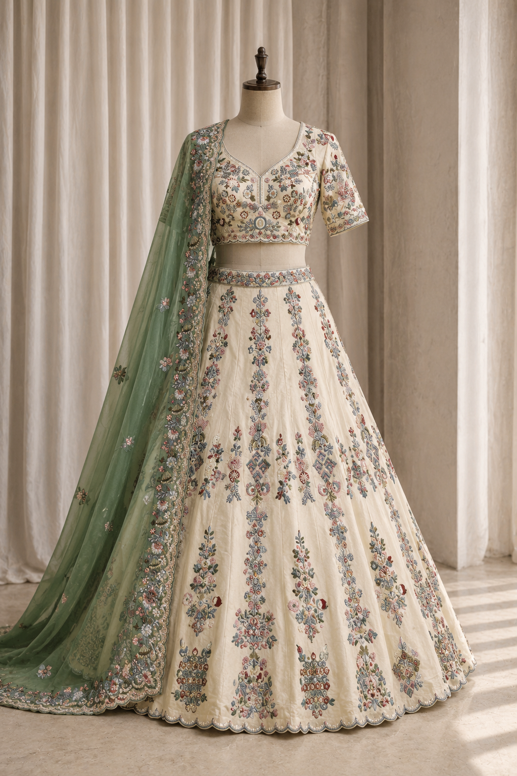 Terrific Hand Embroidery Work and Shimmer Fabric Off white Color Lehenga Choli