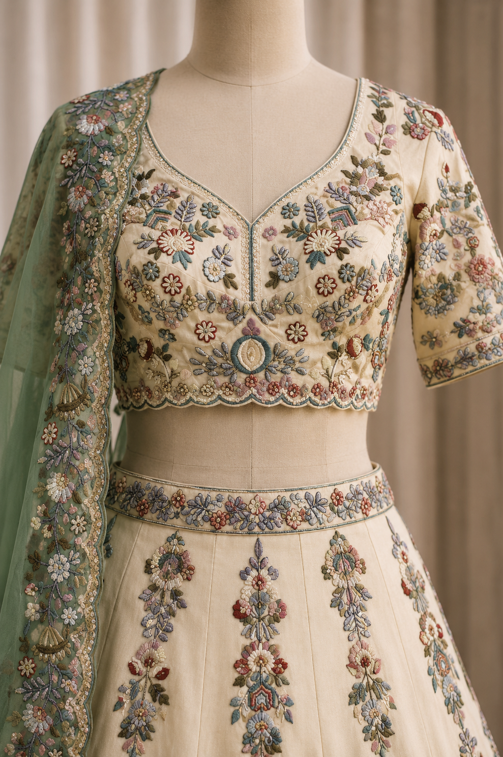 Terrific Hand Embroidery Work and Shimmer Fabric Off white Color Lehenga Choli