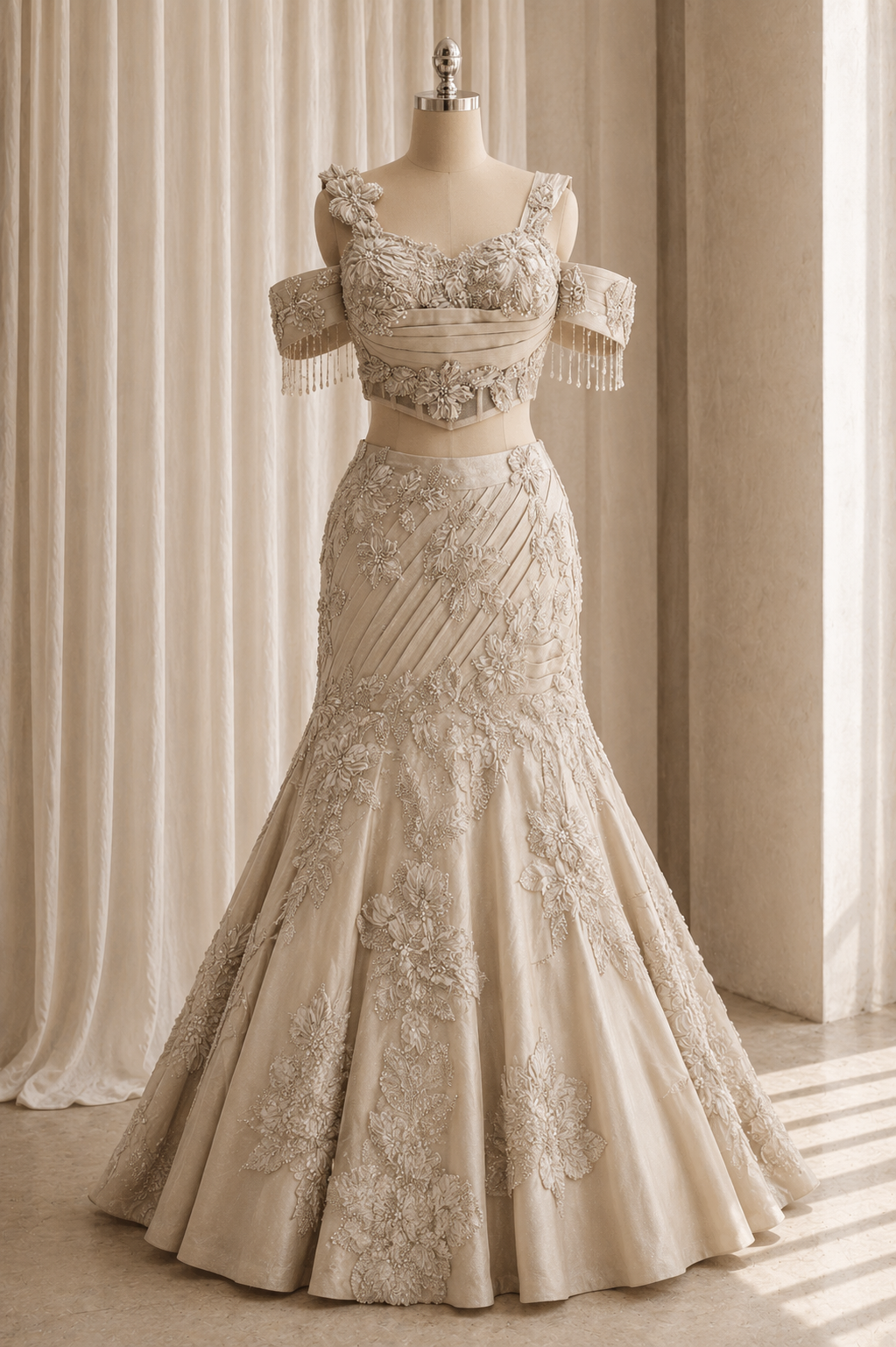 Lovely Fancy Work and Lycra Fabric Beige Color Fishcut Lehenga Choli