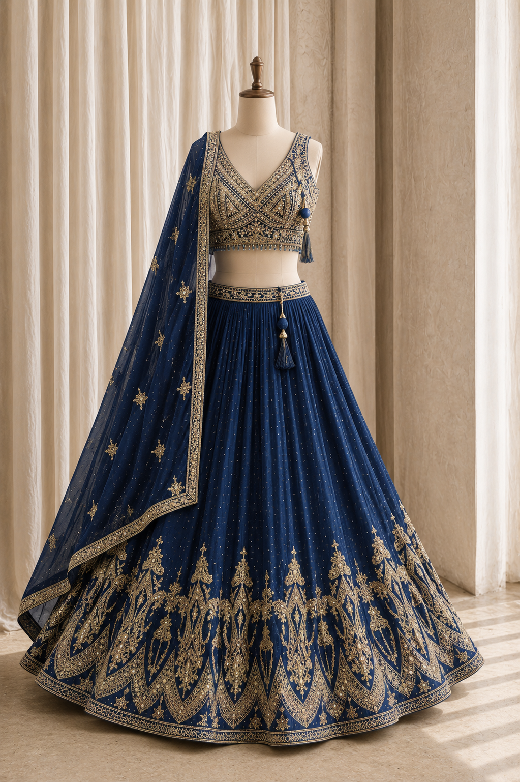 Delicate Kasab Work and Georgette Fabric Navy Blue Color Lehenga Choli