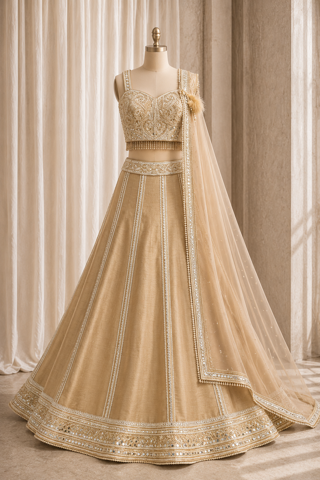 Charming Mirror Work and Dupion Silk Fabric Beige Color Lehenga Choli