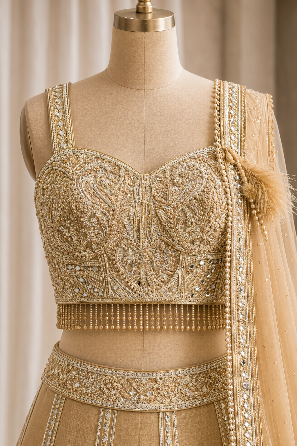 Charming Mirror Work and Dupion Silk Fabric Beige Color Lehenga Choli