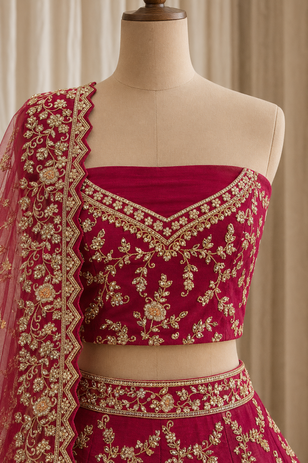 Glorious Zardozi Work and Dupion Silk Fabric Red Color Bridal Lehenga Choli