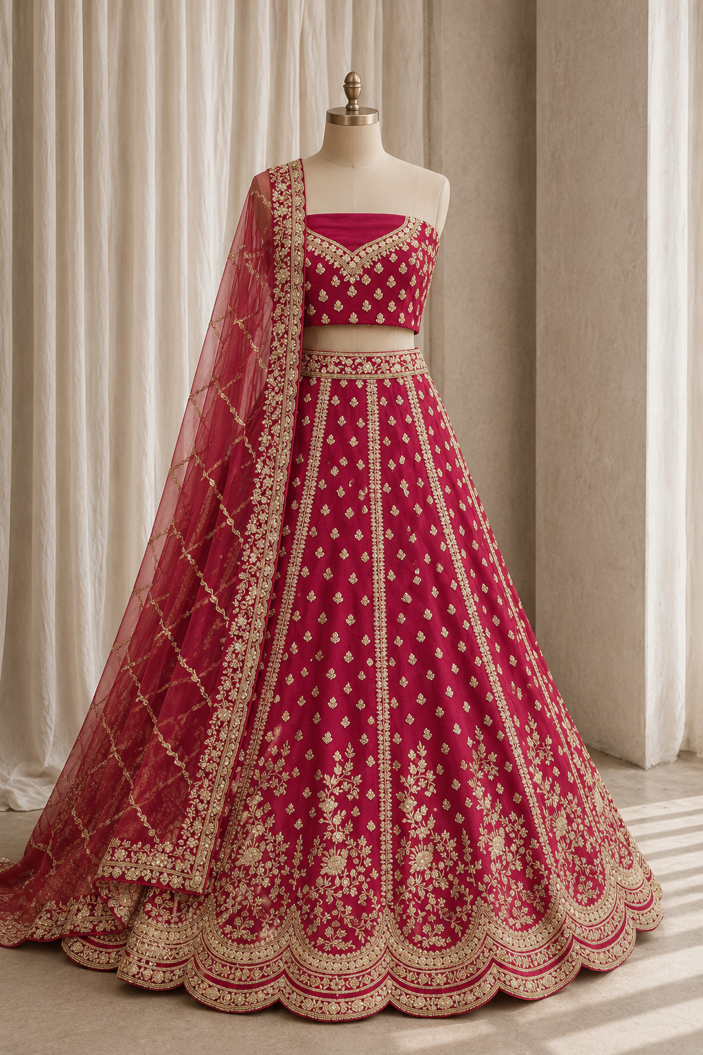 Delightful Zardozi Work and Dupion Silk Fabric Red Color Bridal Lehenga Choli