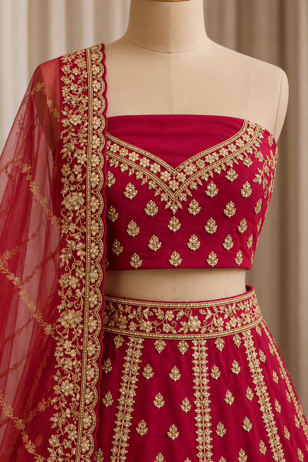 Delightful Zardozi Work and Dupion Silk Fabric Red Color Bridal Lehenga Choli