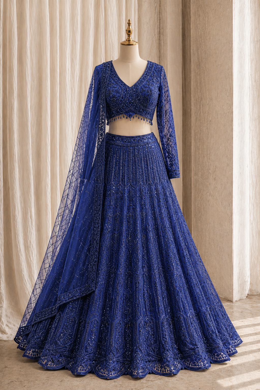 Glamorous Sequins Work and Soft Net Fabric Navy Blue Color Lehenga Choli