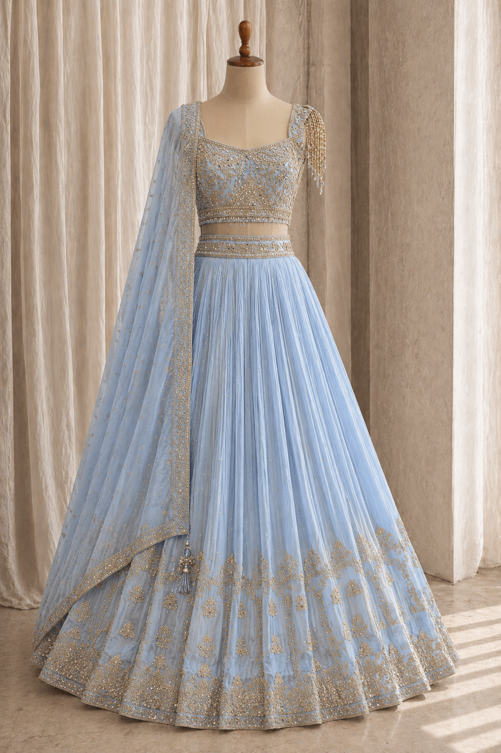 Flawless Kasab Work and Georgette Fabric Grey Blue Color Lehenga Choli