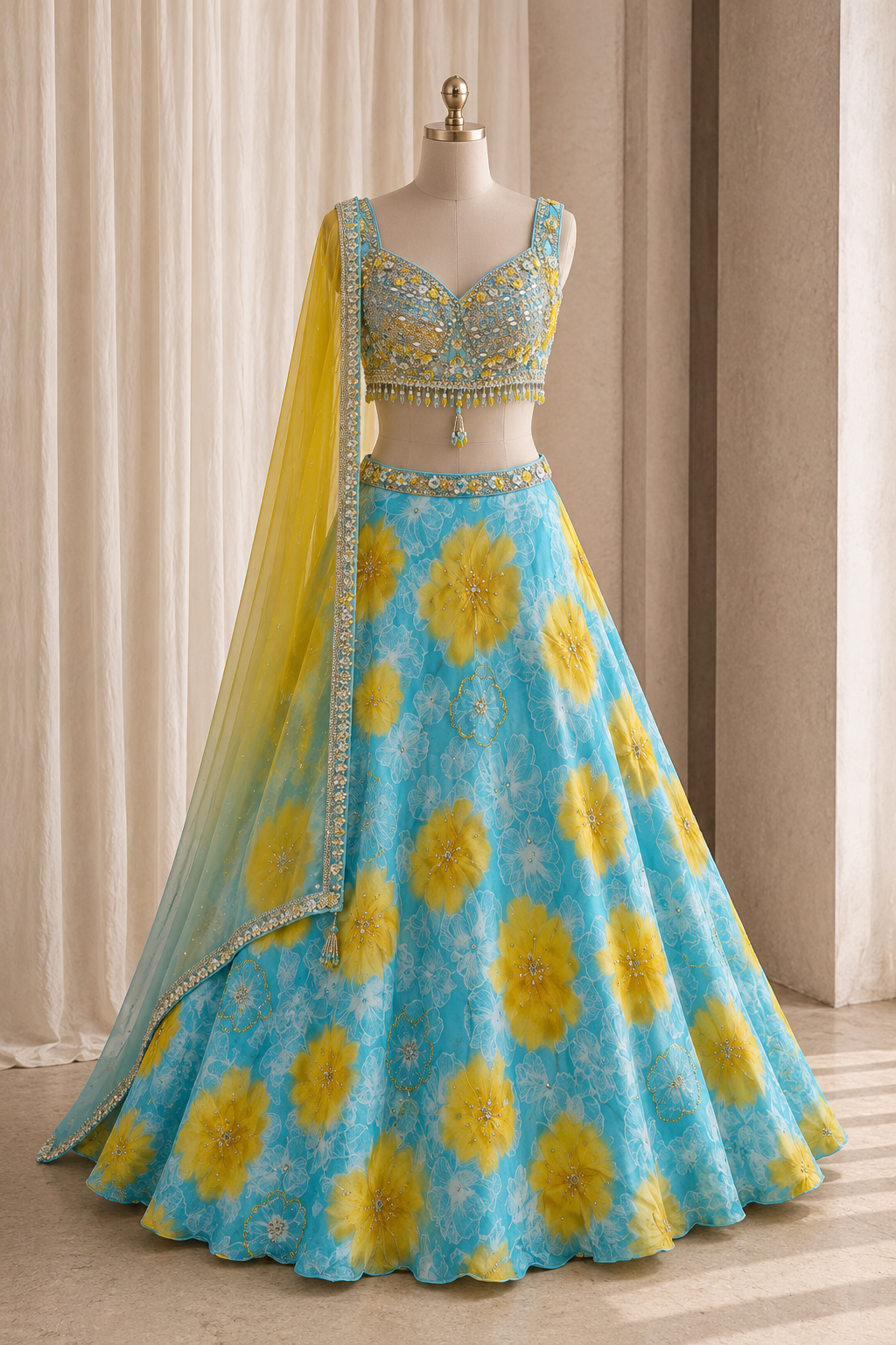 Perfect Digital Print Work and Crepe Fabric Sky Blue Color Lehenga Choli